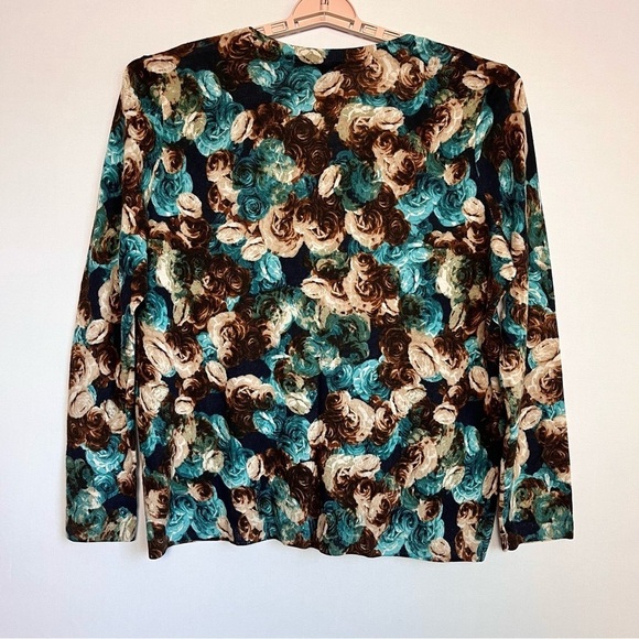 Talbots Pure Merino Wool Cardigan Sz 2XP Brown Blue Rose Button Romantic Floral - Picture 11 of 15